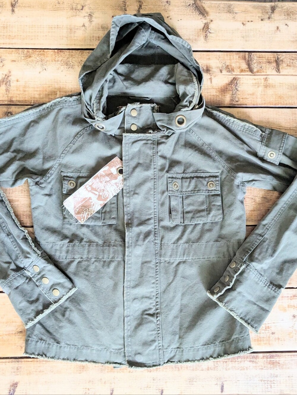 2000s Y2K Utility Jacket Hooded Military Cargo Green Cotton Large - Picture 4 of 15